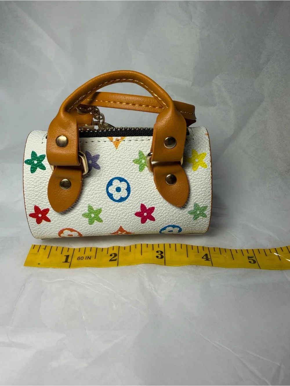 Multicolor Mini Bag Keychain & Bag Charm White with Tan Handles